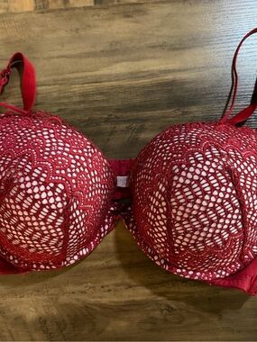 Cacique Red Lace Push-Up Bra with Crochet Overlay